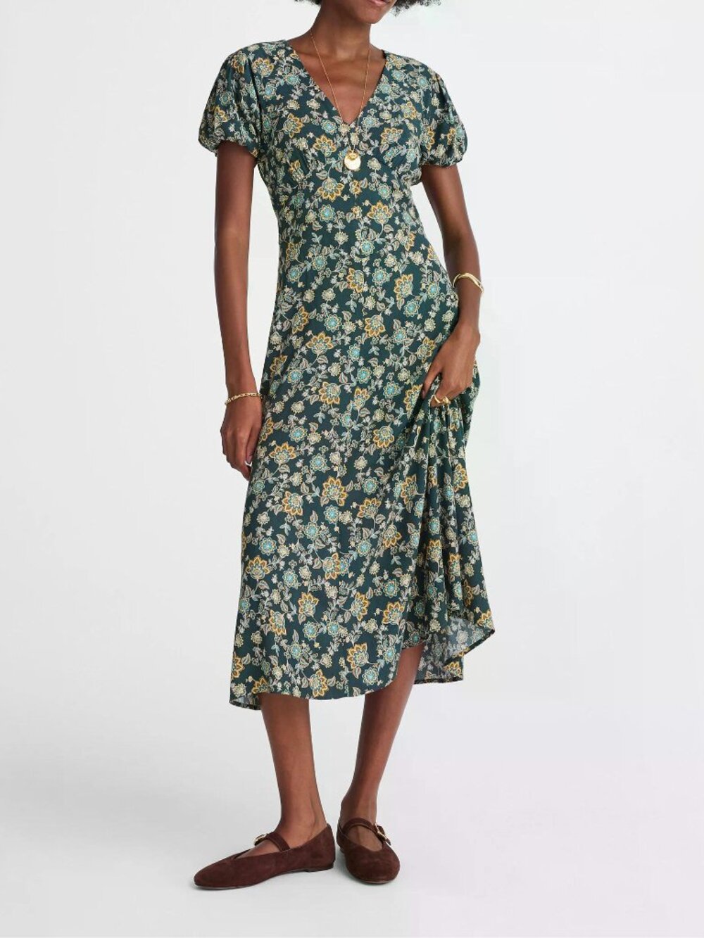 Madewell Seamed Puff-Sleeve Midi Dress in Floral Green Size 0